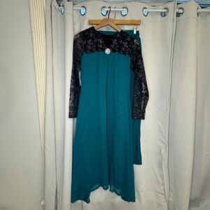 NWOT Elegant Teal Salwar Kameez 3-Piece Suit Lace Sleeves &‎ Rhinestone Brooch